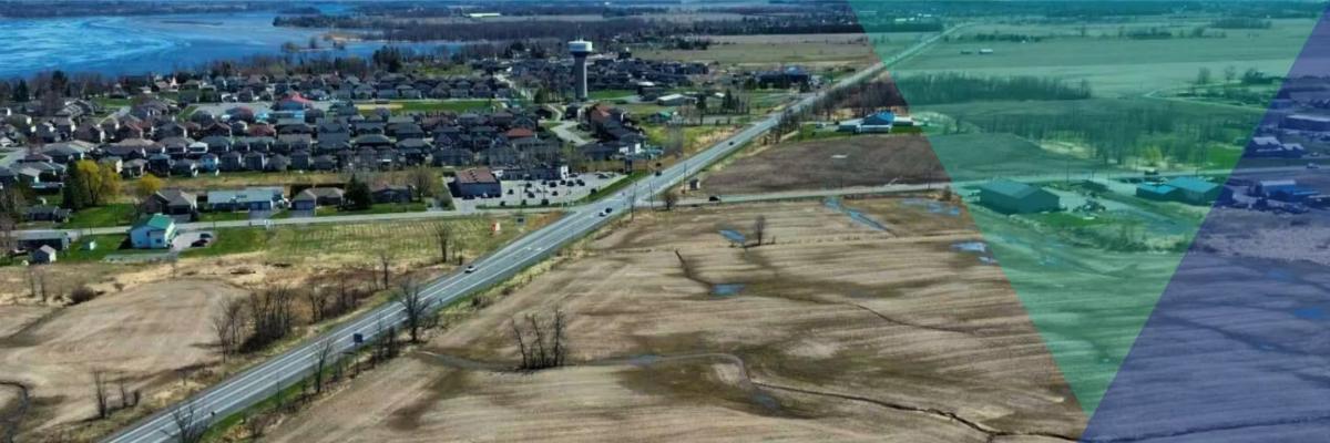 Aerial view of a town by a body of water