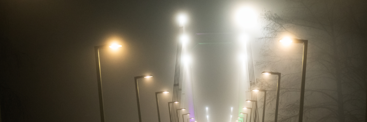 A dozen of street lights following a path