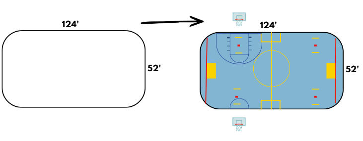 an image of the conversion between an asphalte surface and a multisport surface with lines for dekhockey and basketball