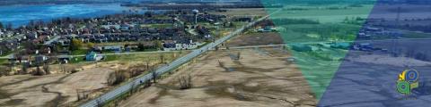 Aerial view of a town by a body of water